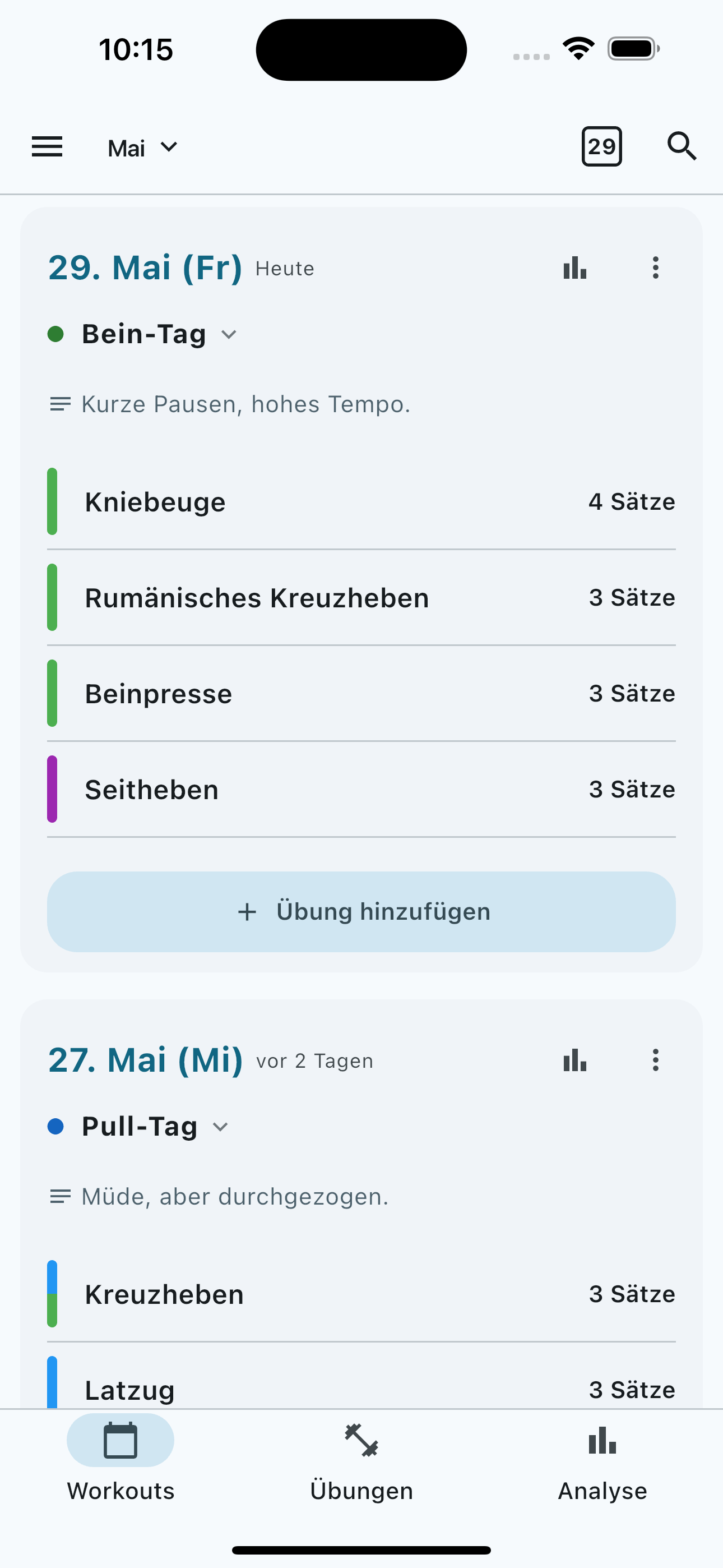BTB Workout Log — workout list and set logging screen