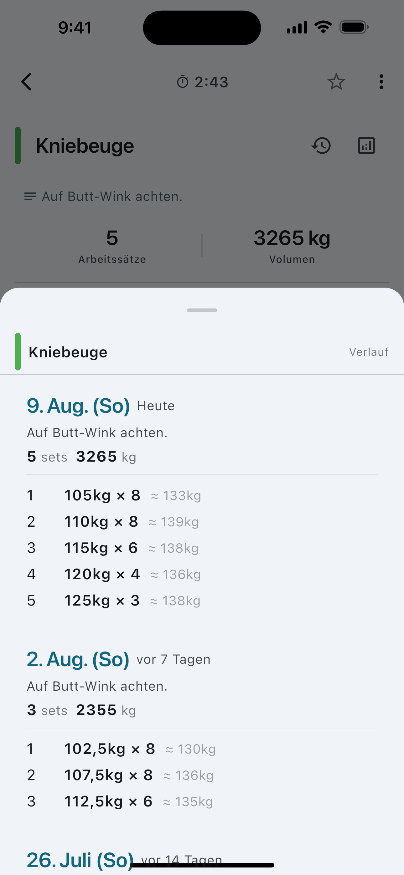 Set history for a single exercise — weight and reps session by session