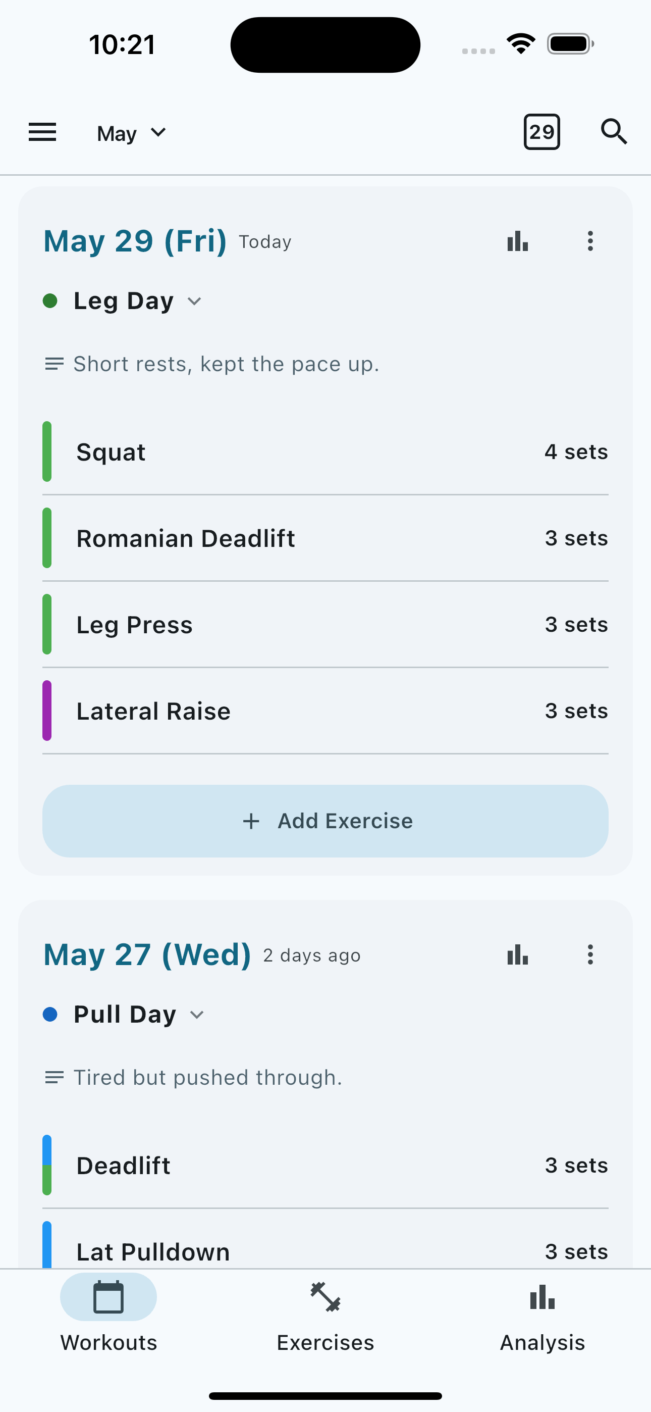 BTB Workout Log — workout list and set logging screen