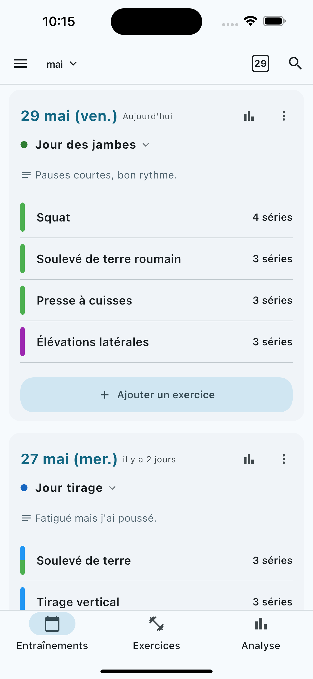 BTB Workout Log — workout list and set logging screen