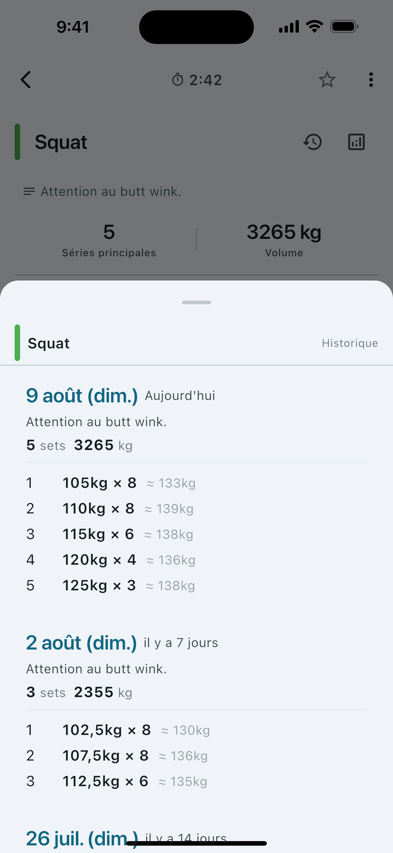 Set history for a single exercise — weight and reps session by session