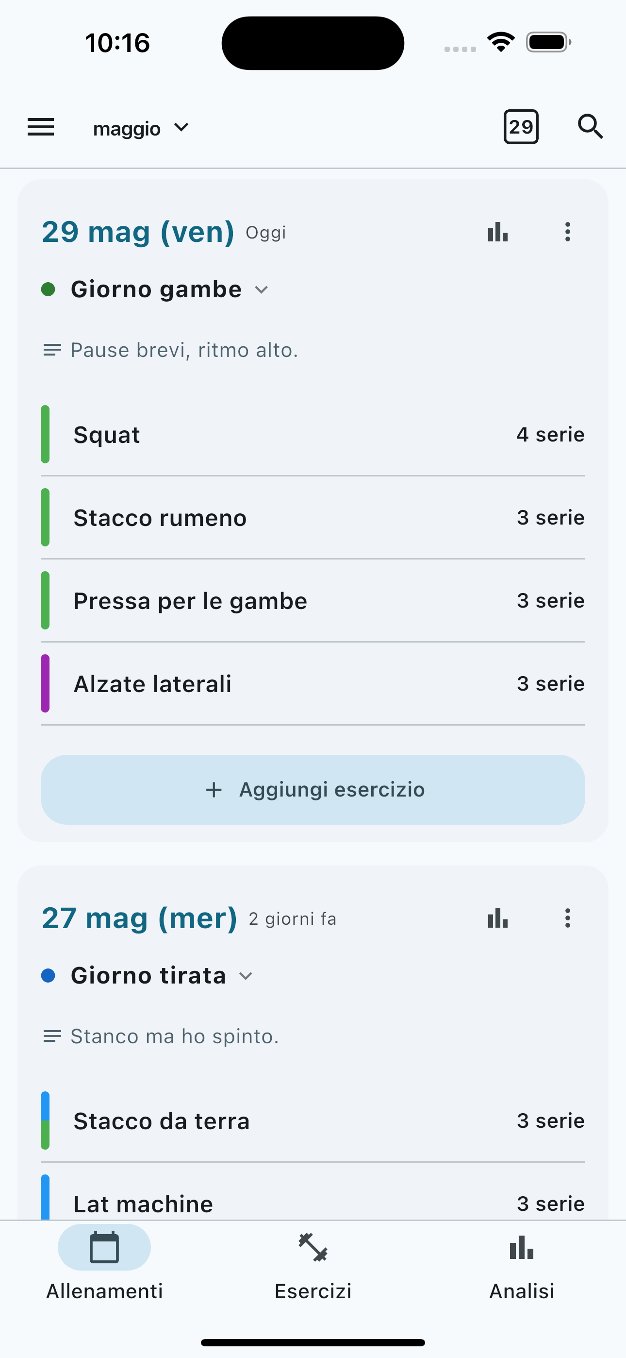 BTB Workout Log — workout list and set logging screen