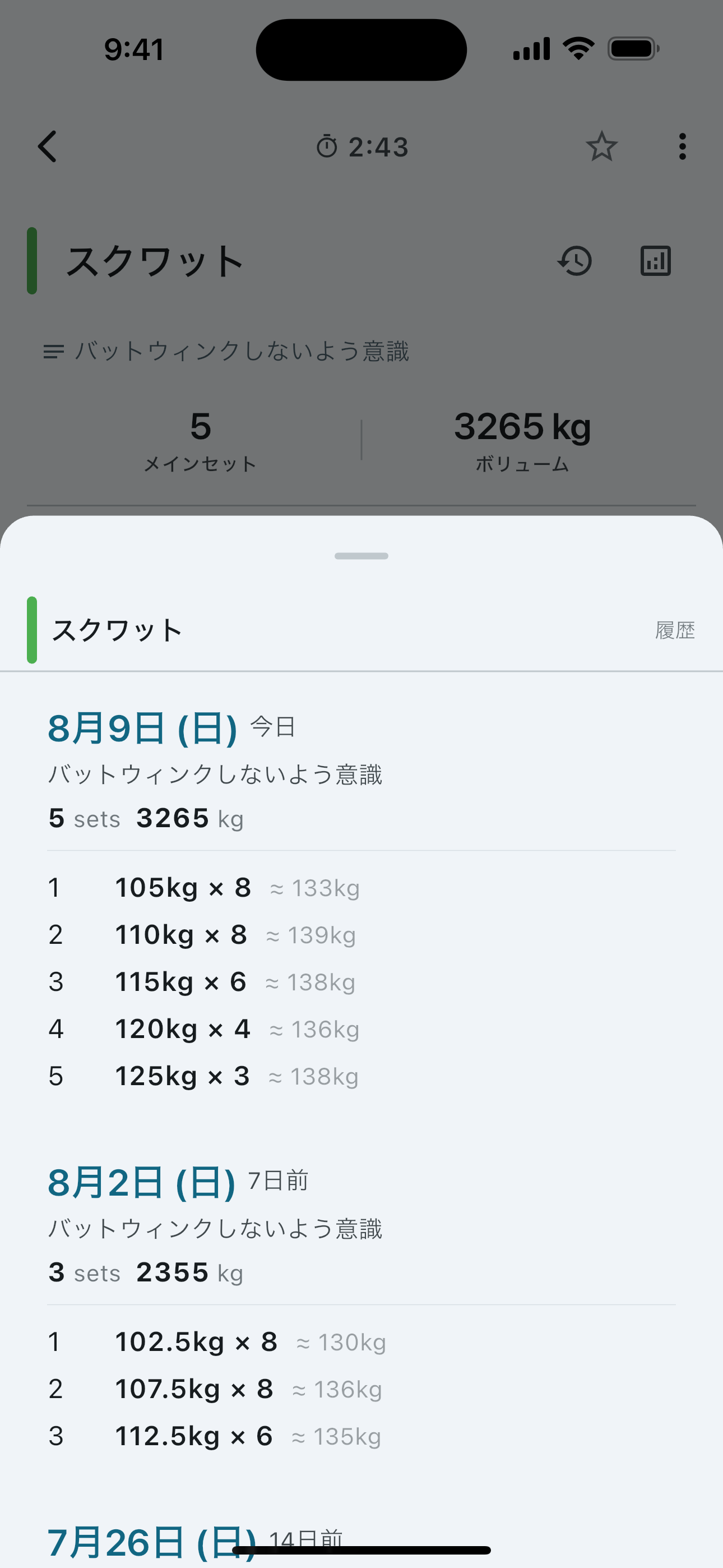 Set history for a single exercise — weight and reps session by session