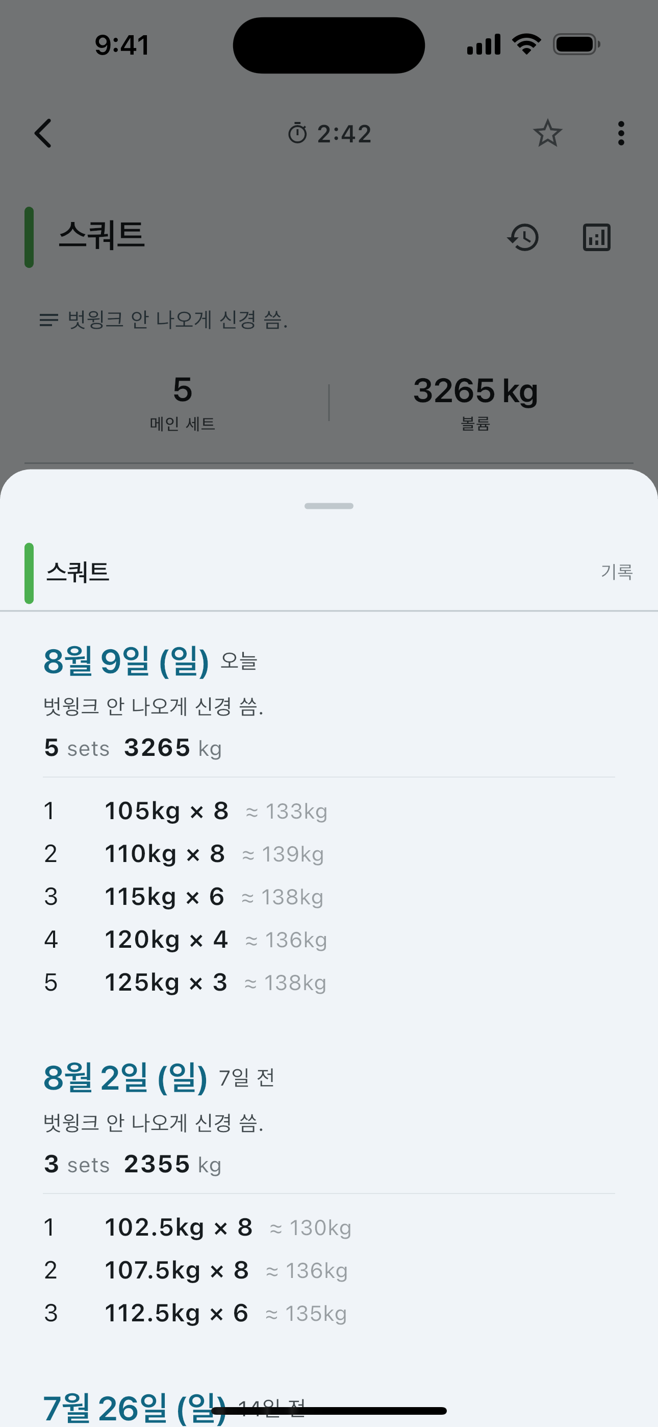 Set history for a single exercise — weight and reps session by session