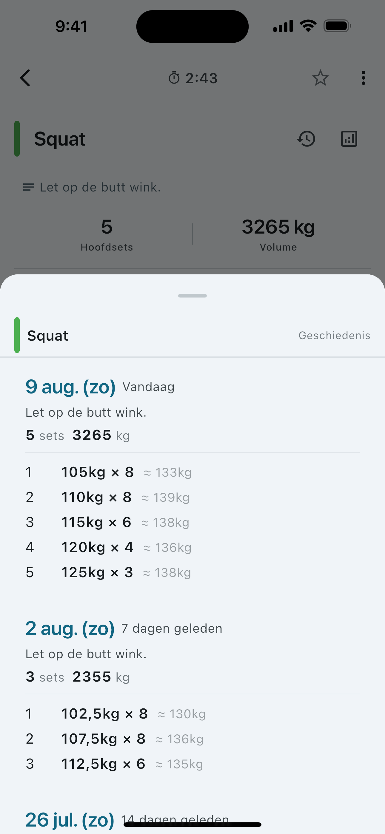 Set history for a single exercise — weight and reps session by session