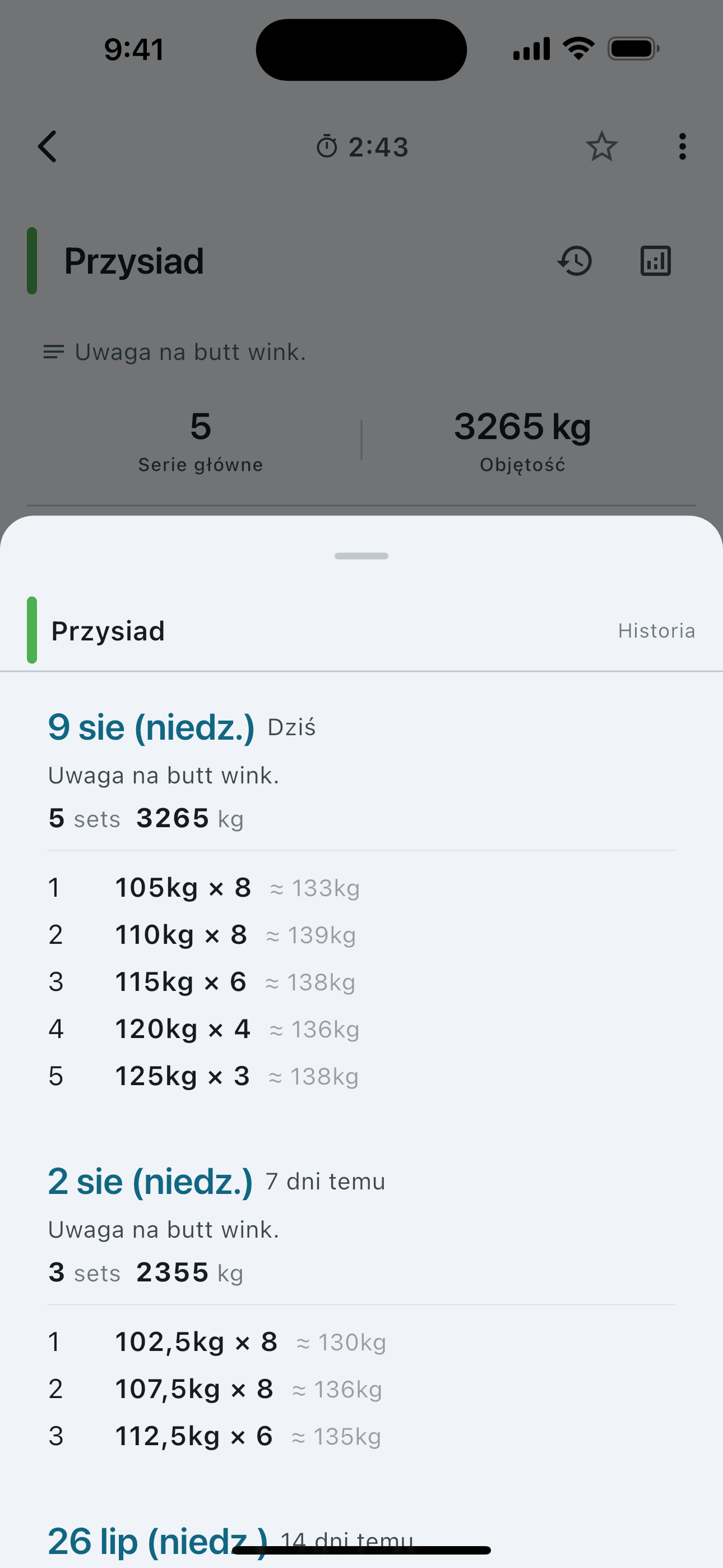 Set history for a single exercise — weight and reps session by session