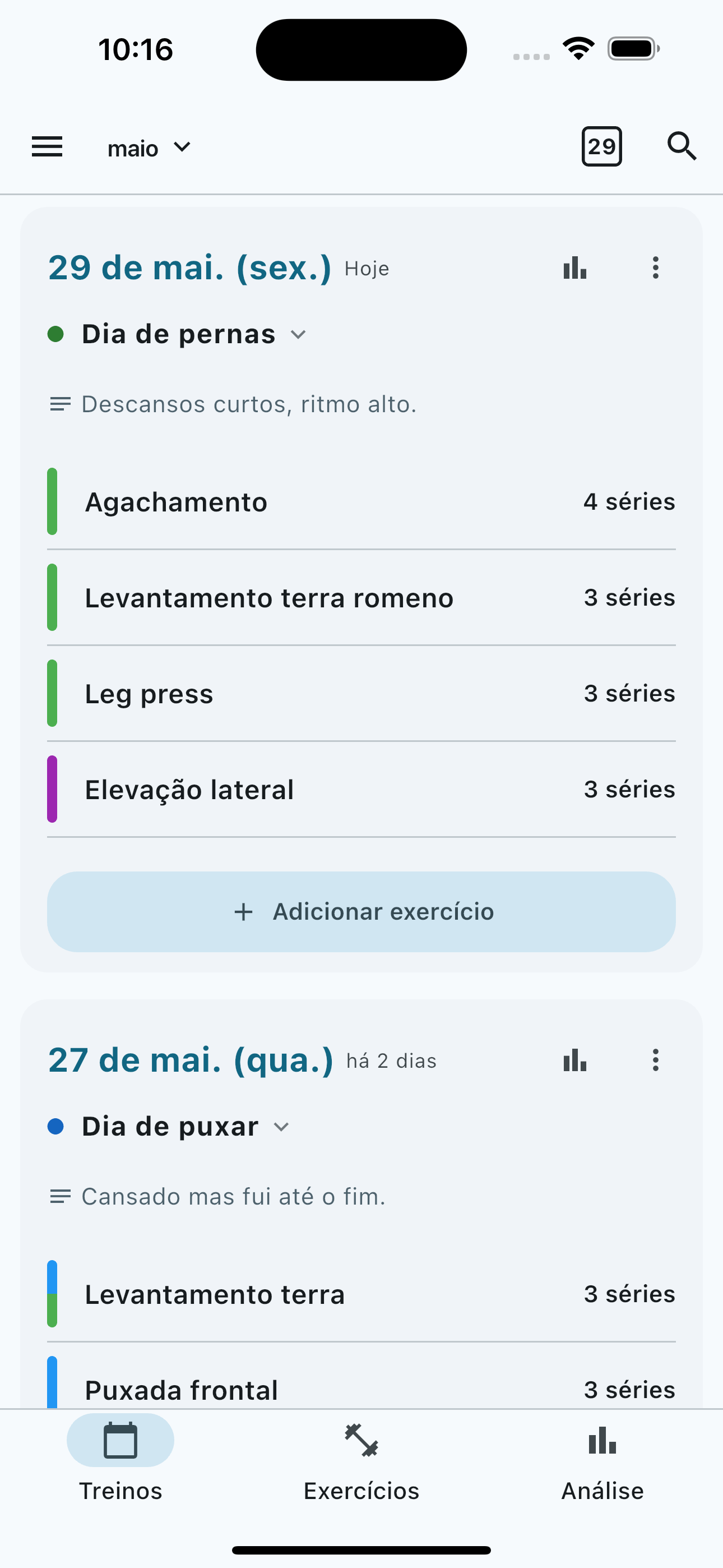 BTB Workout Log — workout list and set logging screen