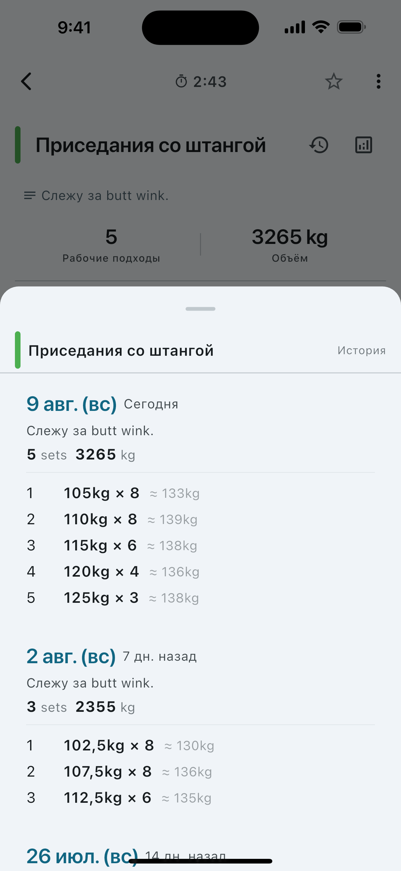 Set history for a single exercise — weight and reps session by session