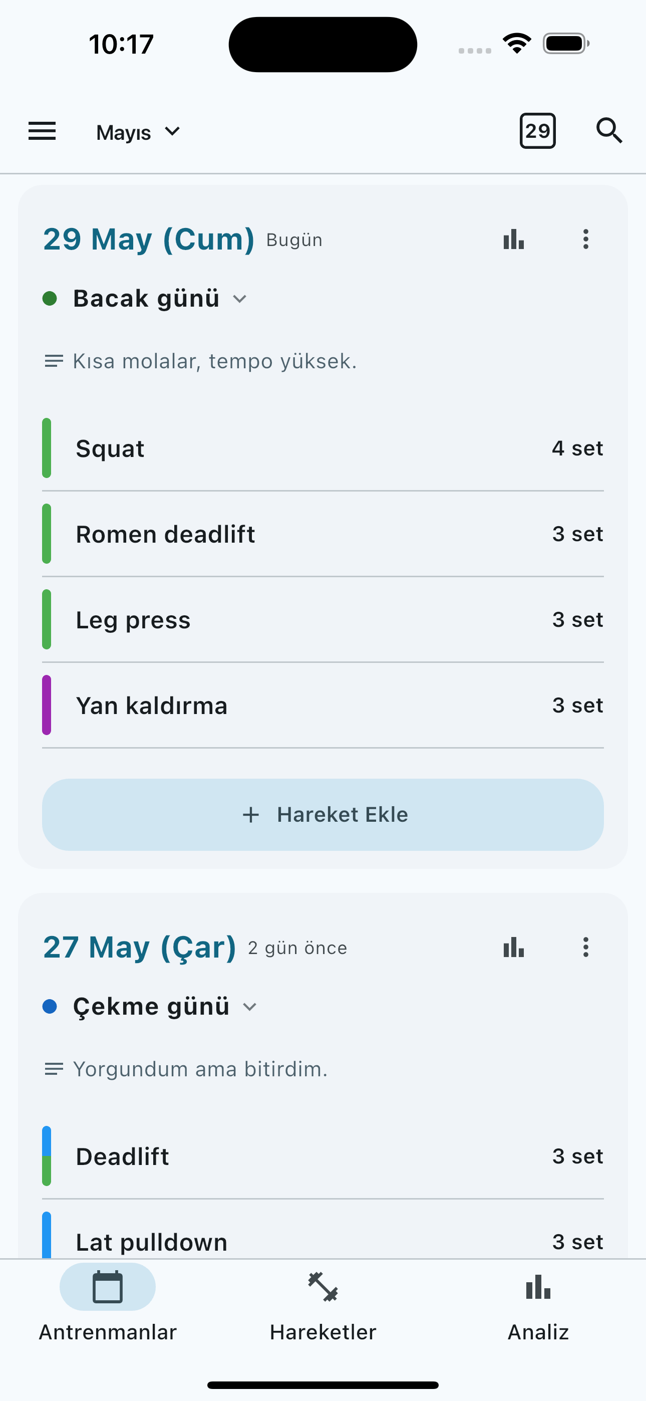 BTB Workout Log — workout list and set logging screen
