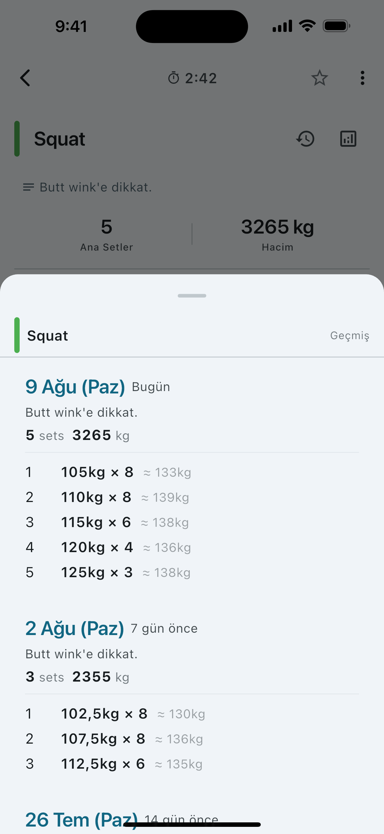 Set history for a single exercise — weight and reps session by session