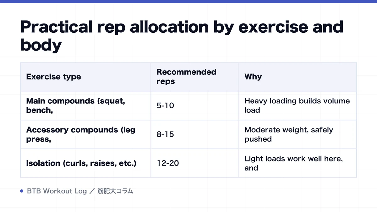 Diagram: Practical rep allocation by exercise and body