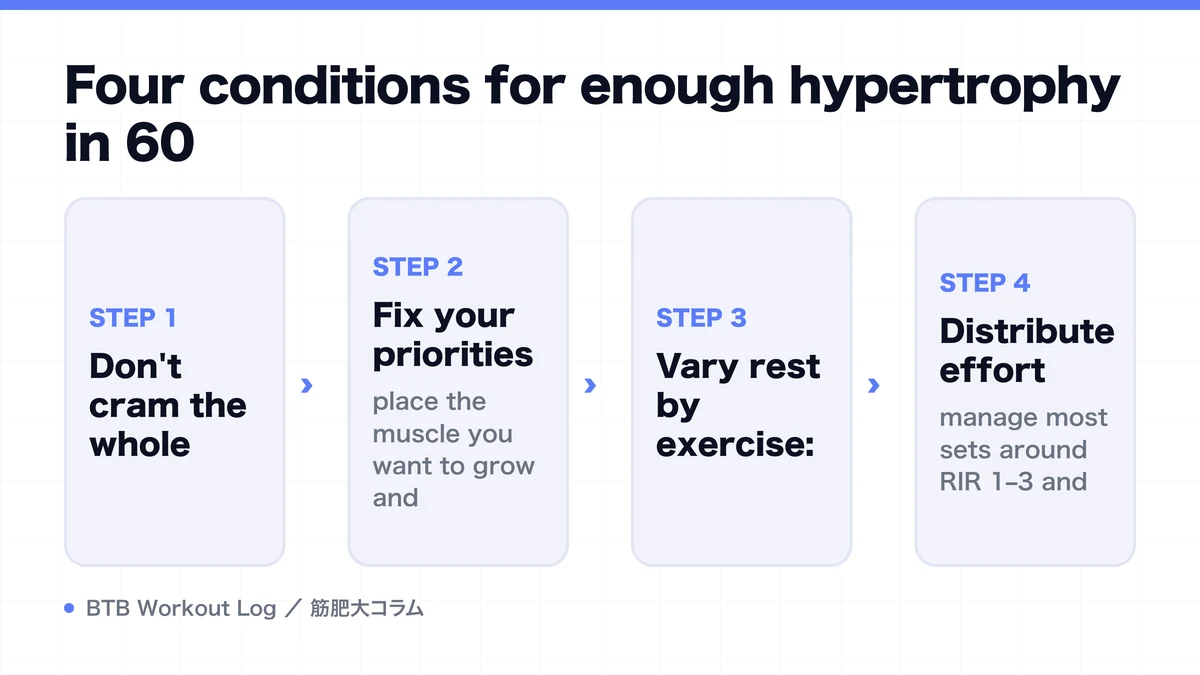 Diagram: Four conditions for enough hypertrophy in 60