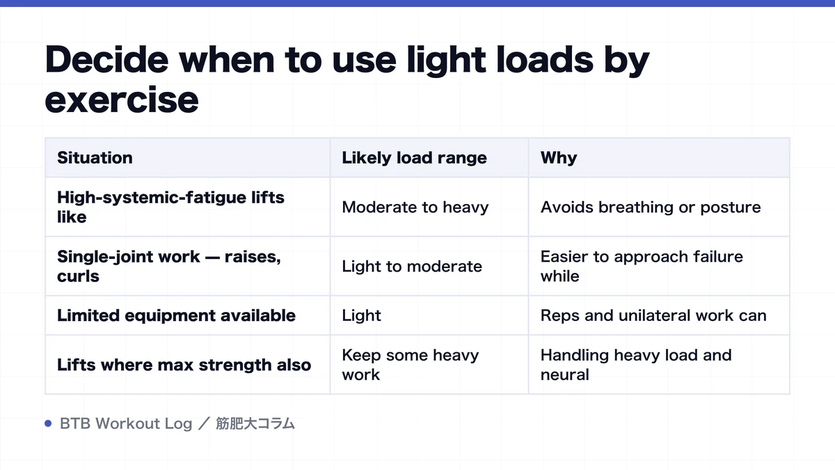 Diagram: Decide when to use light loads by exercise