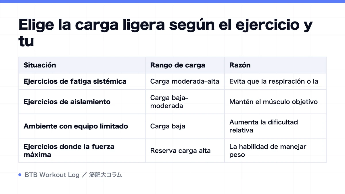 Diagram: Elige la carga ligera según el ejercicio y tu