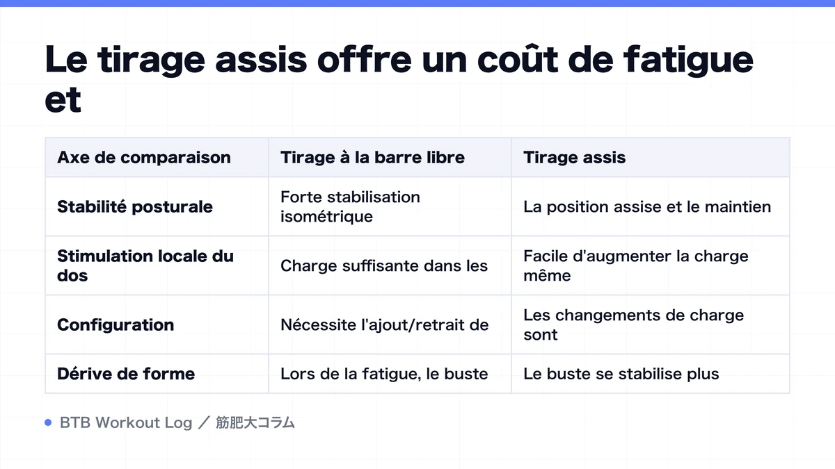 Diagram: Le tirage assis offre un coût de fatigue et