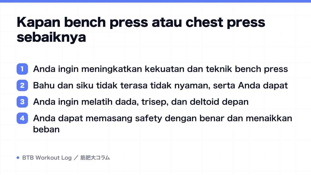 Diagram: Kapan bench press atau chest press sebaiknya