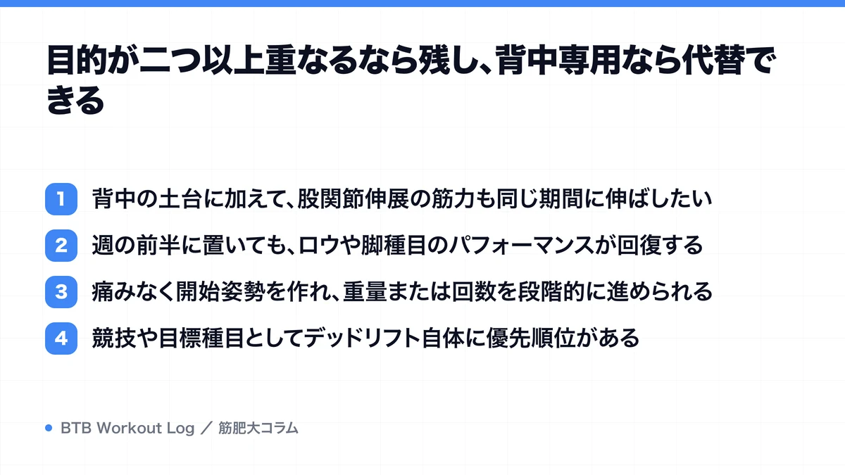 目的が二つ以上重なるなら残し、背中専用なら代替できるを示す図解