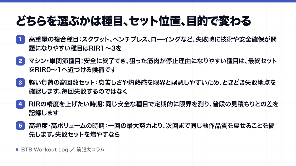 どちらを選ぶかは種目、セット位置、目的で変わるを示す図解