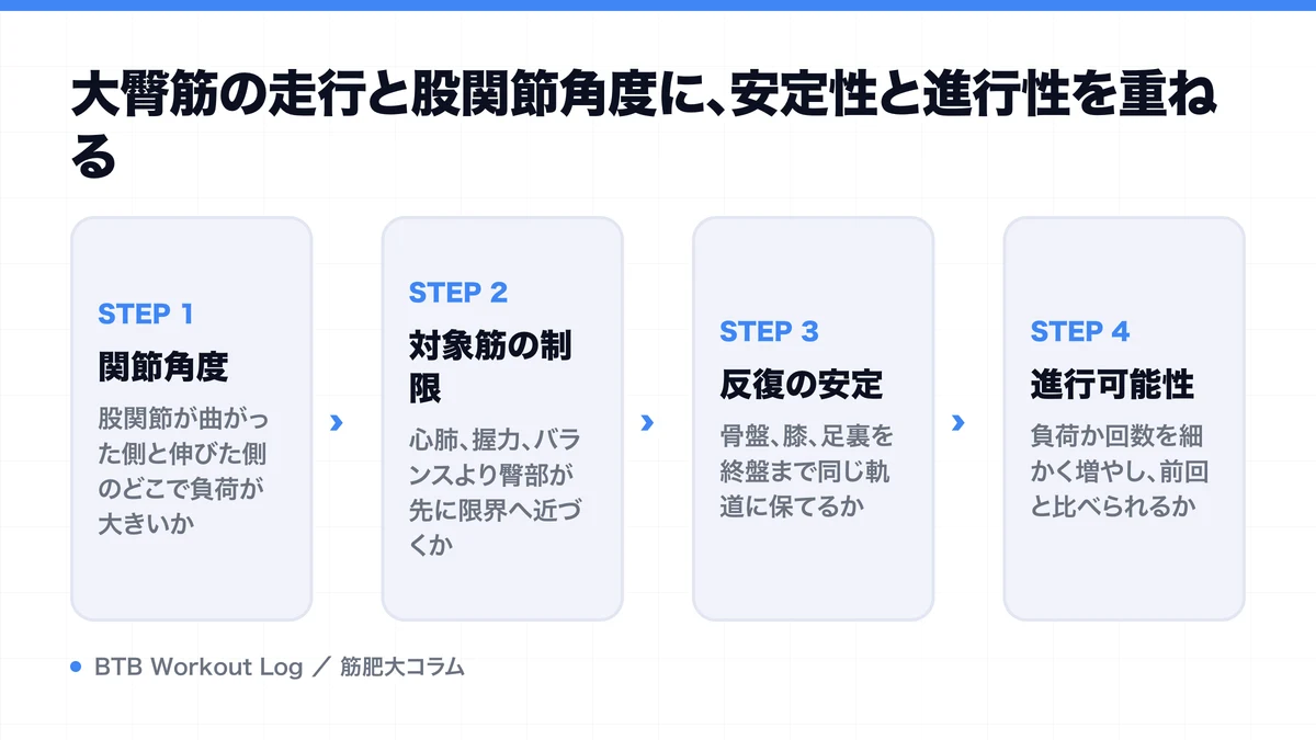 大臀筋の走行と股関節角度に、安定性と進行性を重ねるを示す図解
