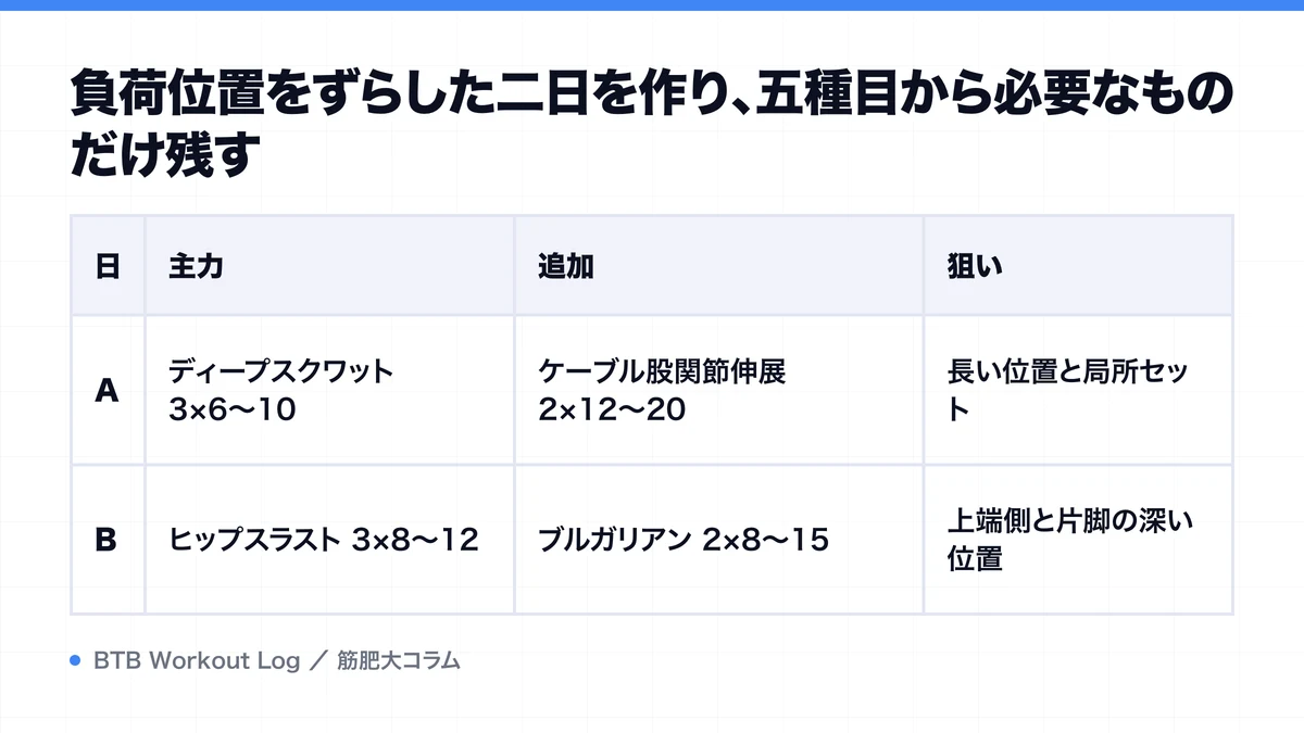 負荷位置をずらした二日を作り、五種目から必要なものだけ残すを示す図解