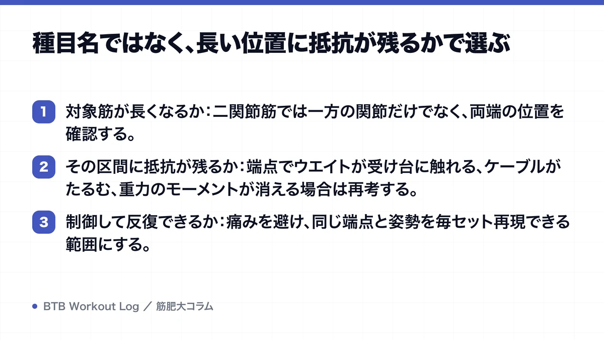 種目名ではなく、長い位置に抵抗が残るかで選ぶを示す図解