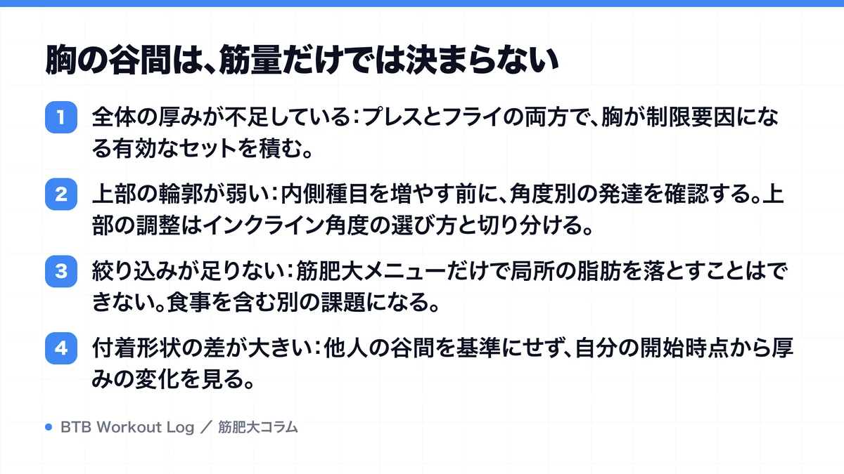 胸の谷間は、筋量だけでは決まらないを示す図解