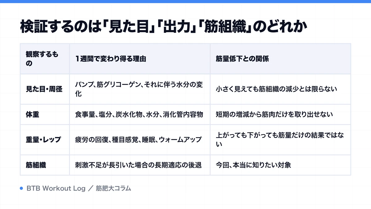 検証するのは「見た目」「出力」「筋組織」のどれかを示す図解