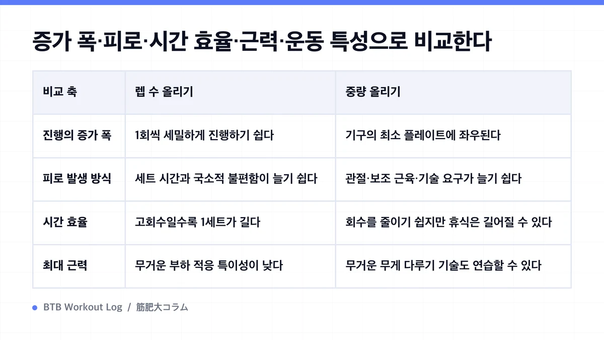 Diagram: 증가 폭·피로·시간 효율·근력·운동 특성으로 비교한다