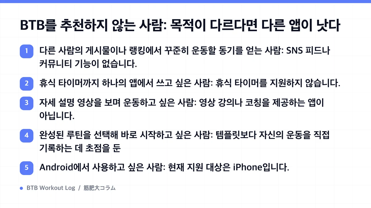 Diagram: BTB를 추천하지 않는 사람: 목적이 다르다면 다른 앱이 낫다