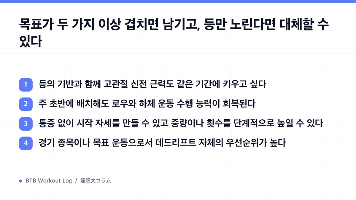 Diagram: 목표가 두 가지 이상 겹치면 남기고, 등만 노린다면 대체할 수 있다