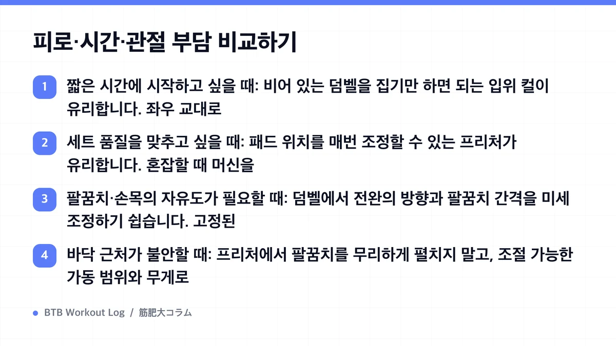 Diagram: 피로·시간·관절 부담 비교하기