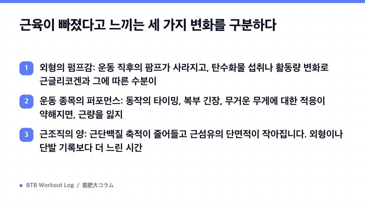 Diagram: 근육이 빠졌다고 느끼는 세 가지 변화를 구분하다