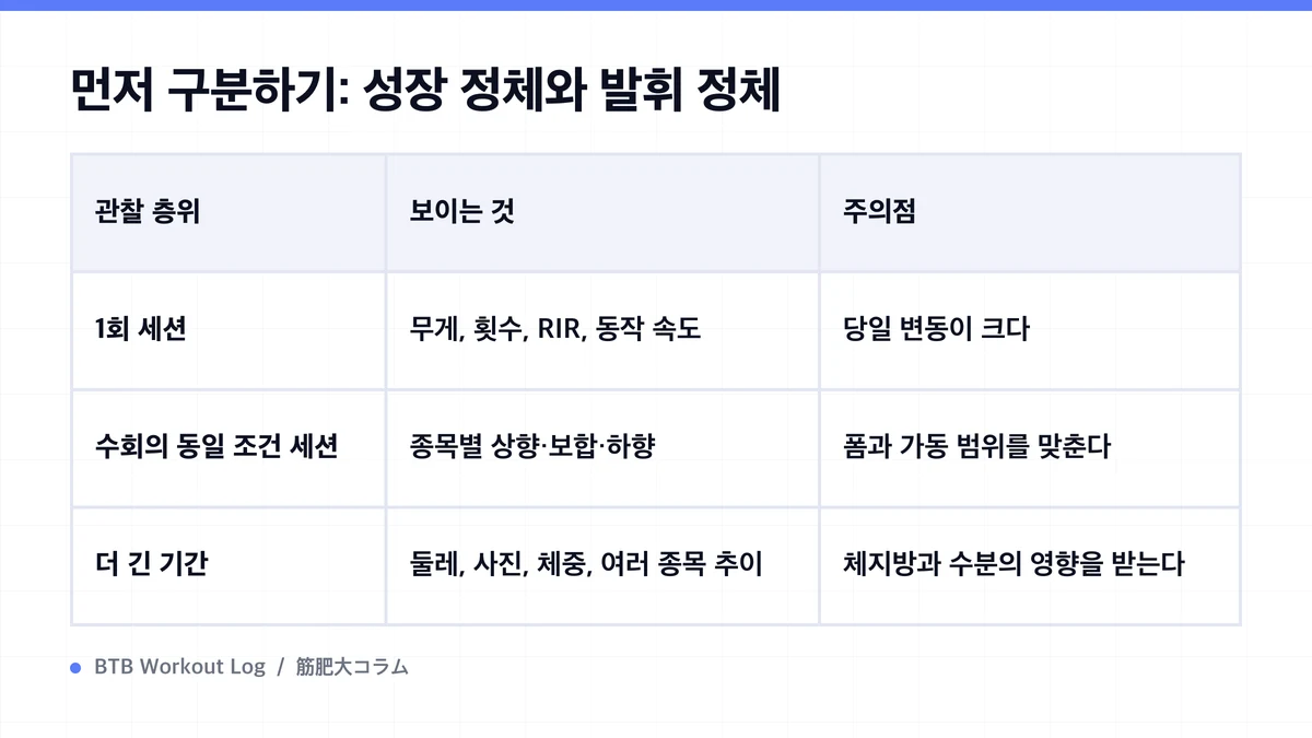 Diagram: 먼저 구분하기: 성장 정체와 발휘 정체