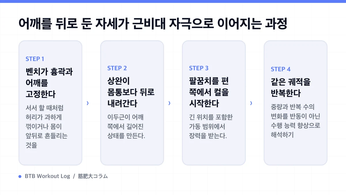 Diagram: 어깨를 뒤로 둔 자세가 근비대 자극으로 이어지는 과정