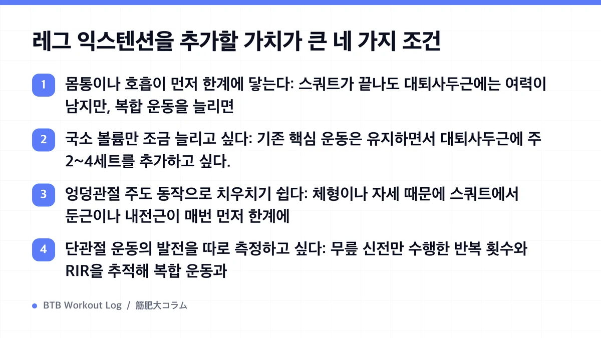 Diagram: 레그 익스텐션을 추가할 가치가 큰 네 가지 조건