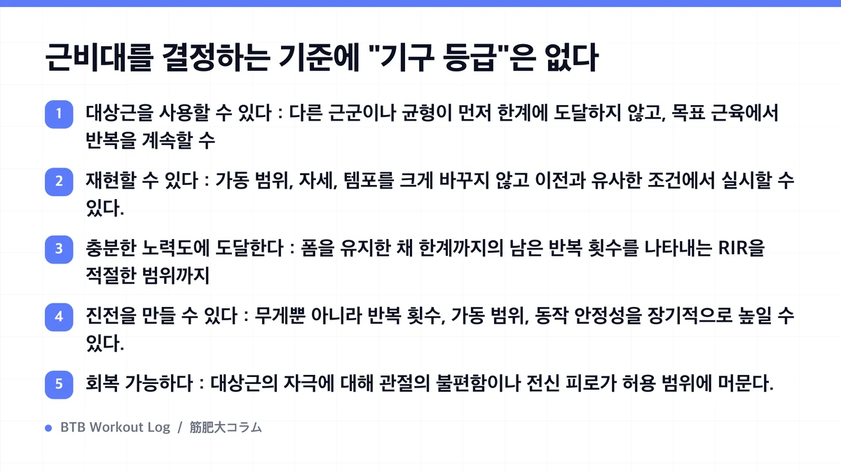 Diagram: 근비대를 결정하는 기준에 "기구 등급"은 없다