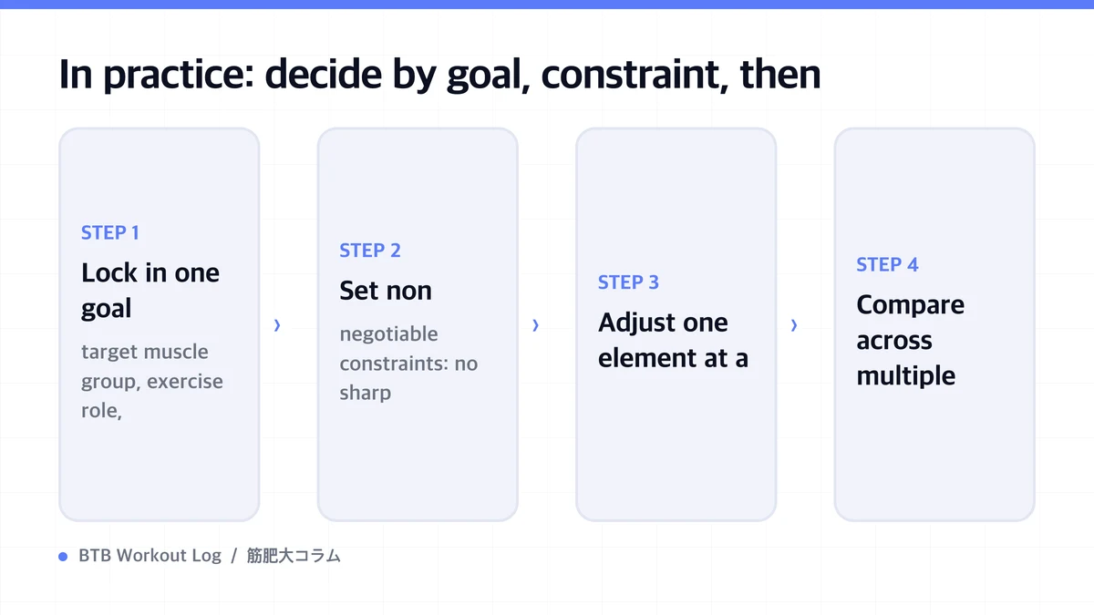 Diagram: In practice: decide by goal, constraint, then