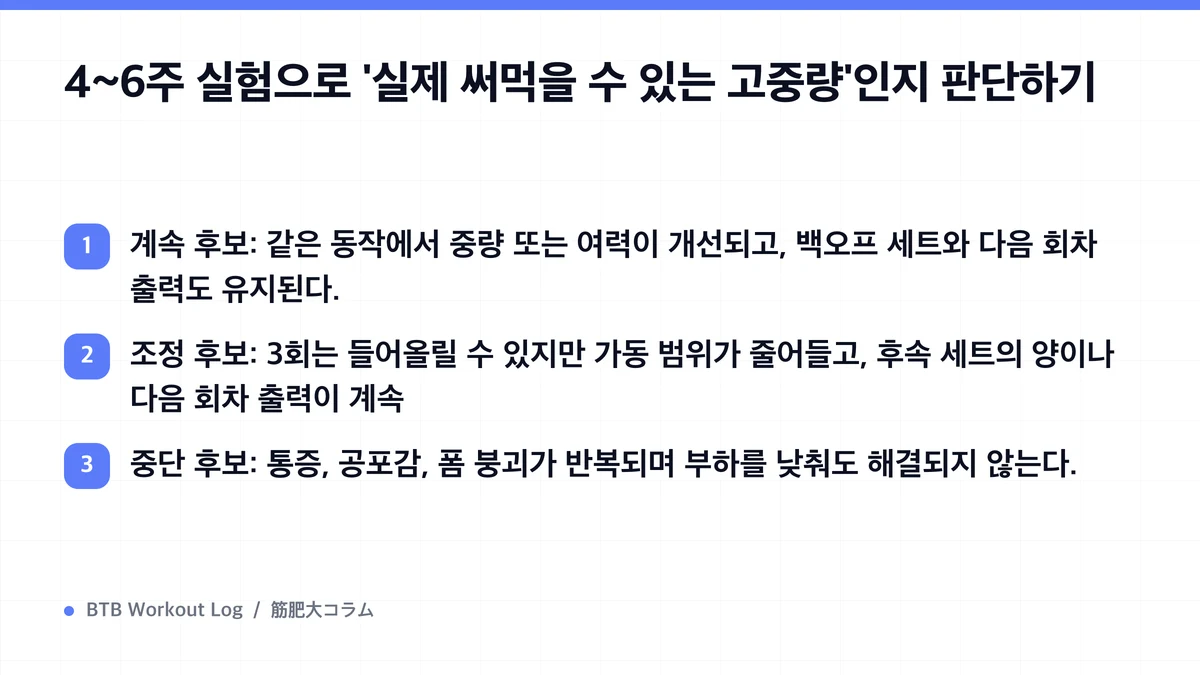Diagram: 4~6주 실험으로 '실제 써먹을 수 있는 고중량'인지 판단하기