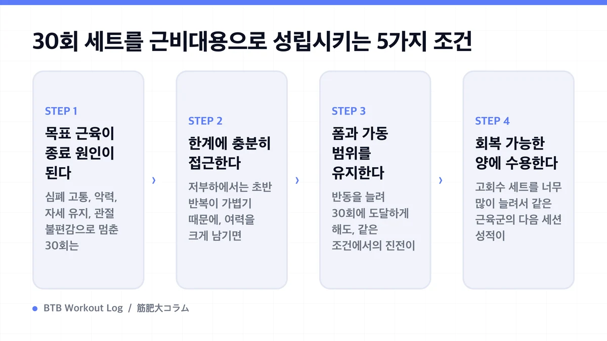 Diagram: 30회 세트를 근비대용으로 성립시키는 5가지 조건