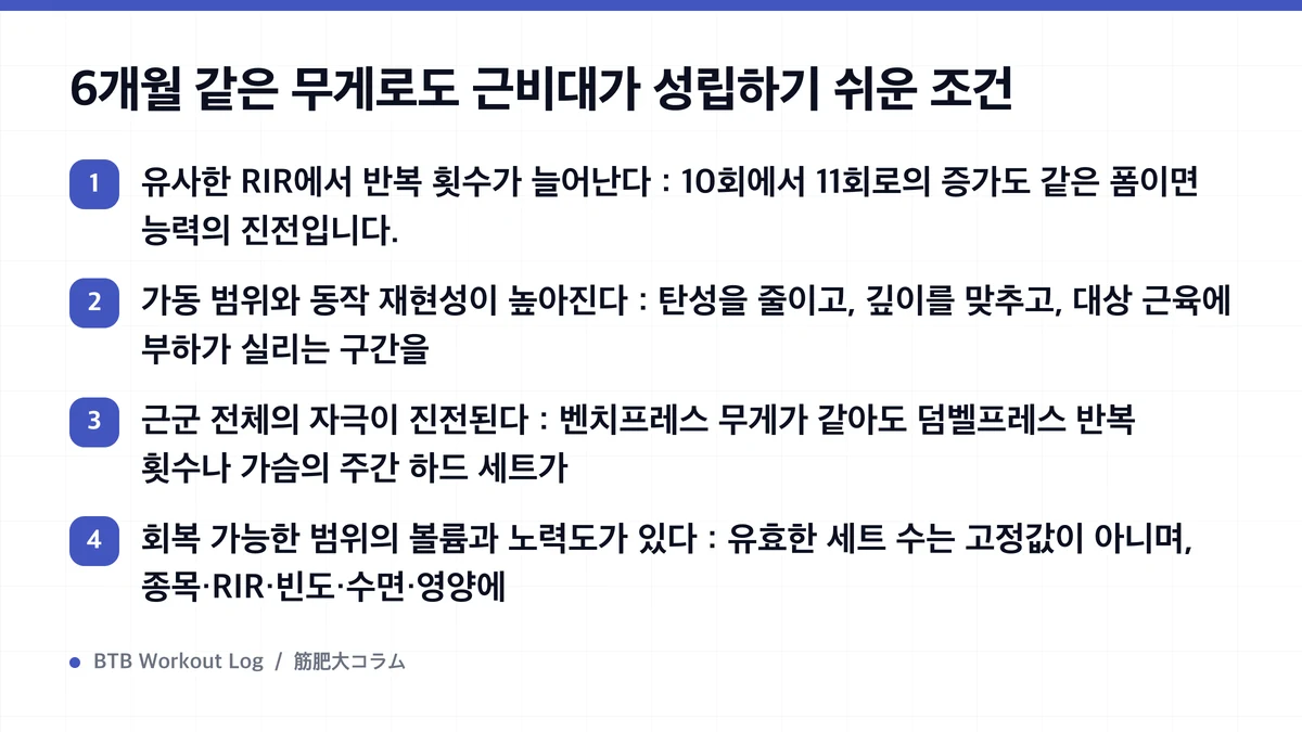 Diagram: 6개월 같은 무게로도 근비대가 성립하기 쉬운 조건