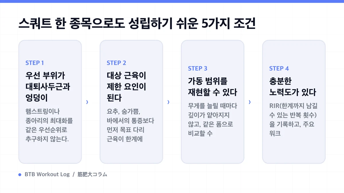 Diagram: 스쿼트 한 종목으로도 성립하기 쉬운 5가지 조건