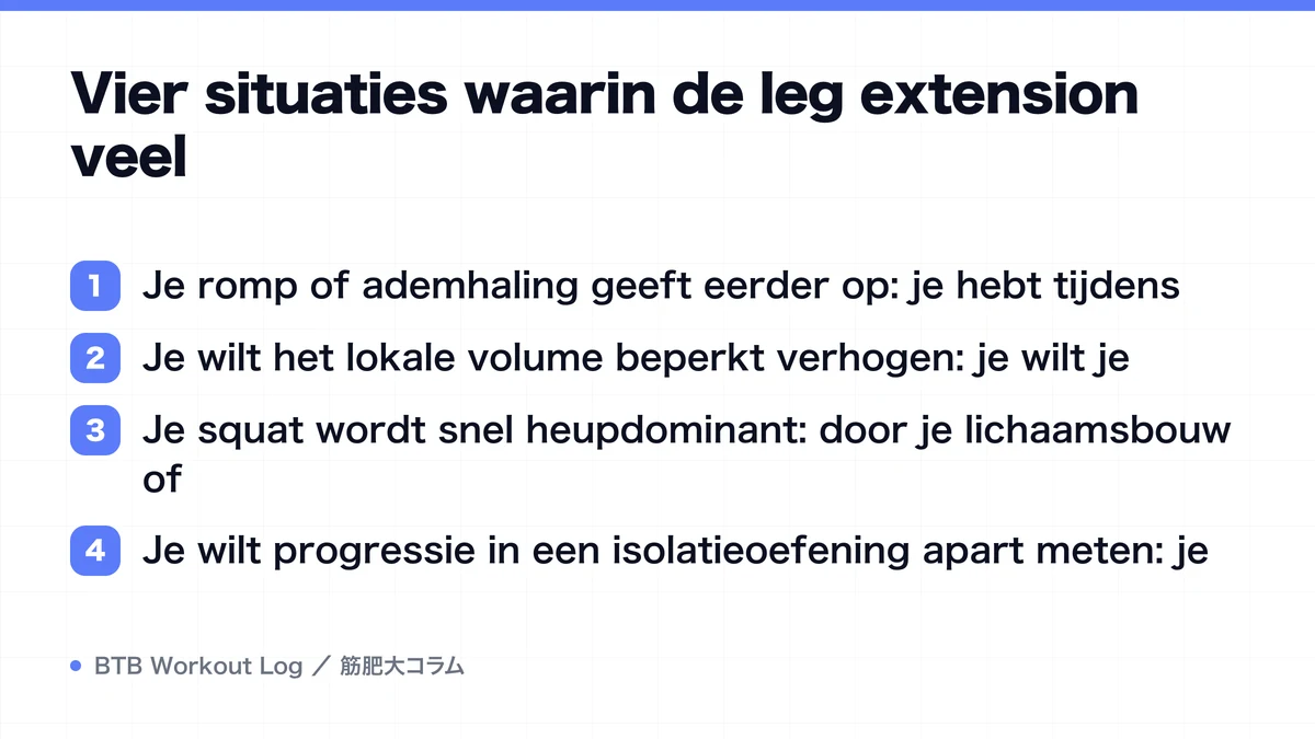 Diagram: Vier situaties waarin de leg extension veel