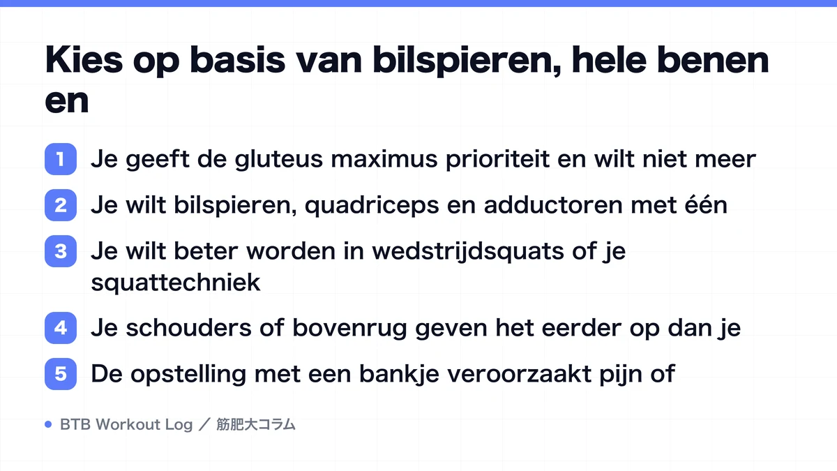 Diagram: Kies op basis van bilspieren, hele benen en