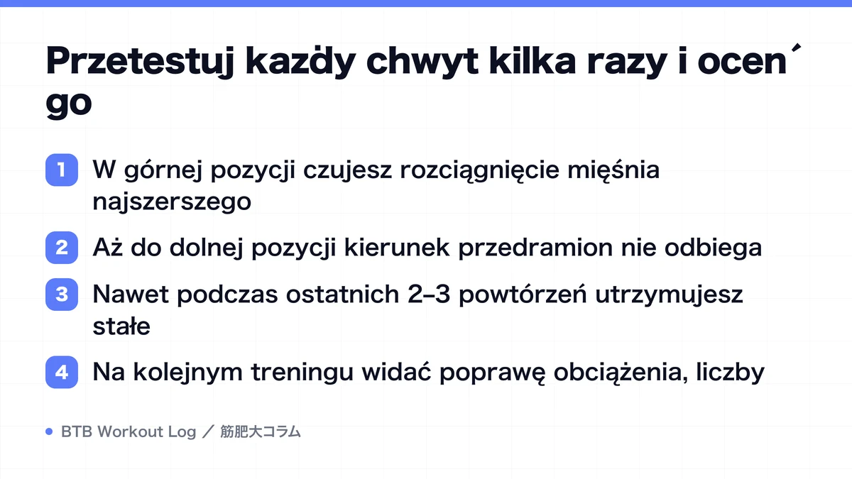 Diagram: Przetestuj każdy chwyt kilka razy i oceń go