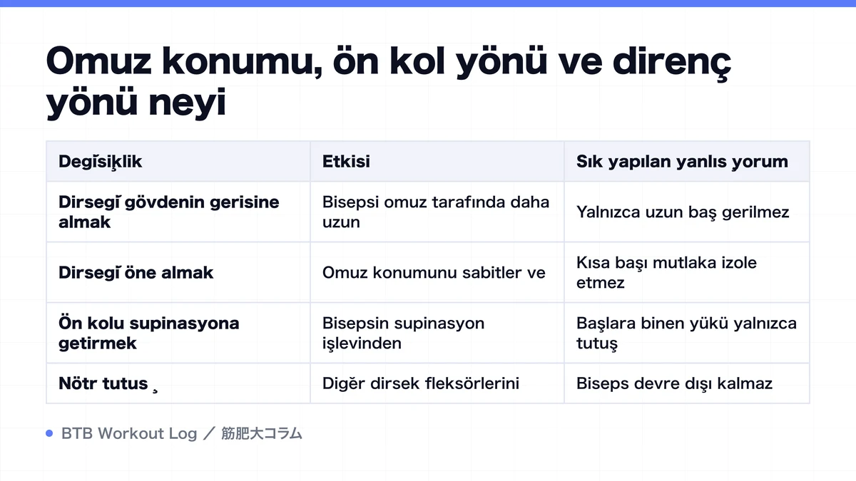 Diagram: Omuz konumu, ön kol yönü ve direnç yönü neyi