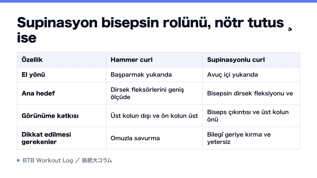 Diagram: Supinasyon bisepsin rolünü, nötr tutuş ise