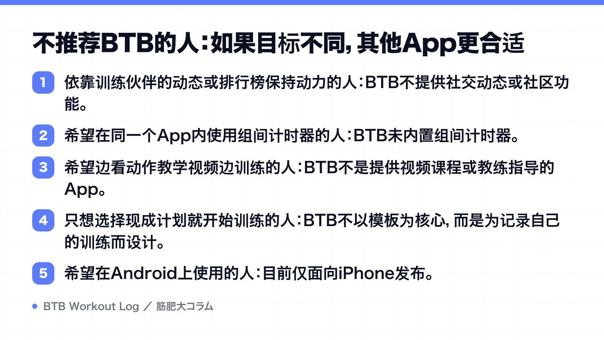 Diagram: 不推荐BTB的人：如果目标不同，其他App更合适