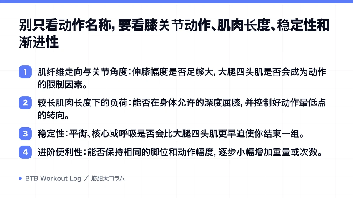 Diagram: 别只看动作名称，要看膝关节动作、肌肉长度、稳定性和渐进性