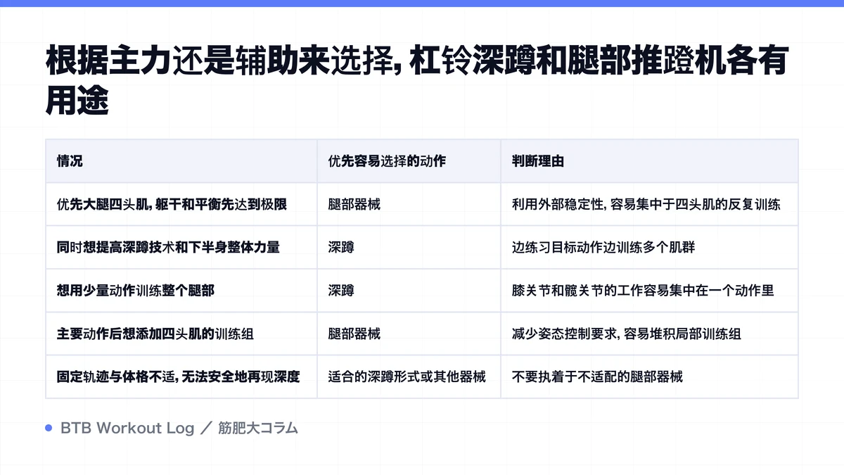 Diagram: 根据主力还是辅助来选择，杠铃深蹲和腿部推蹬机各有用途