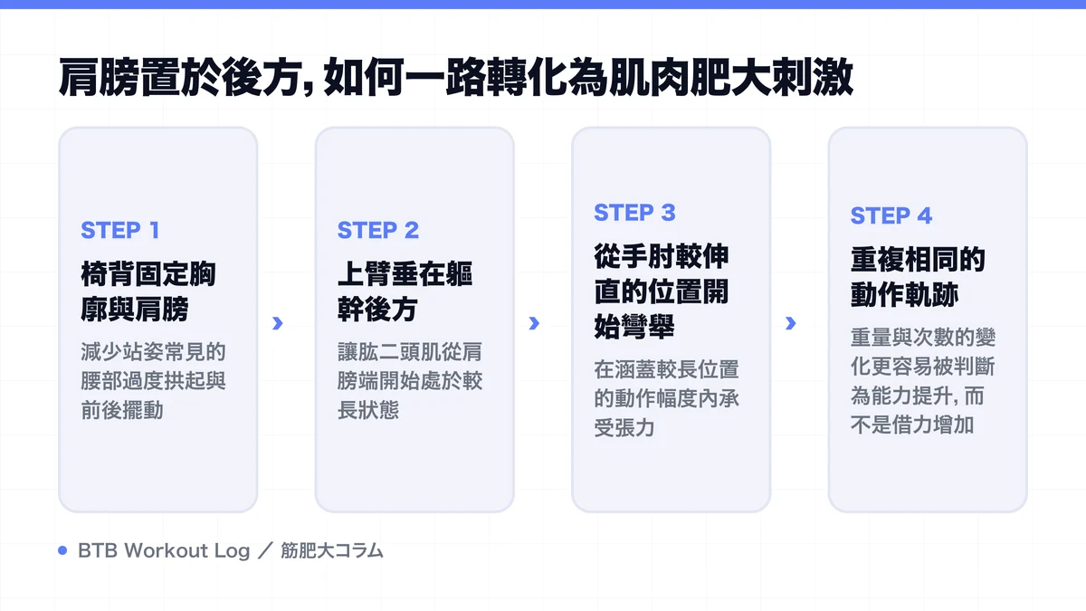 Diagram: 肩膀置於後方，如何一路轉化為肌肉肥大刺激